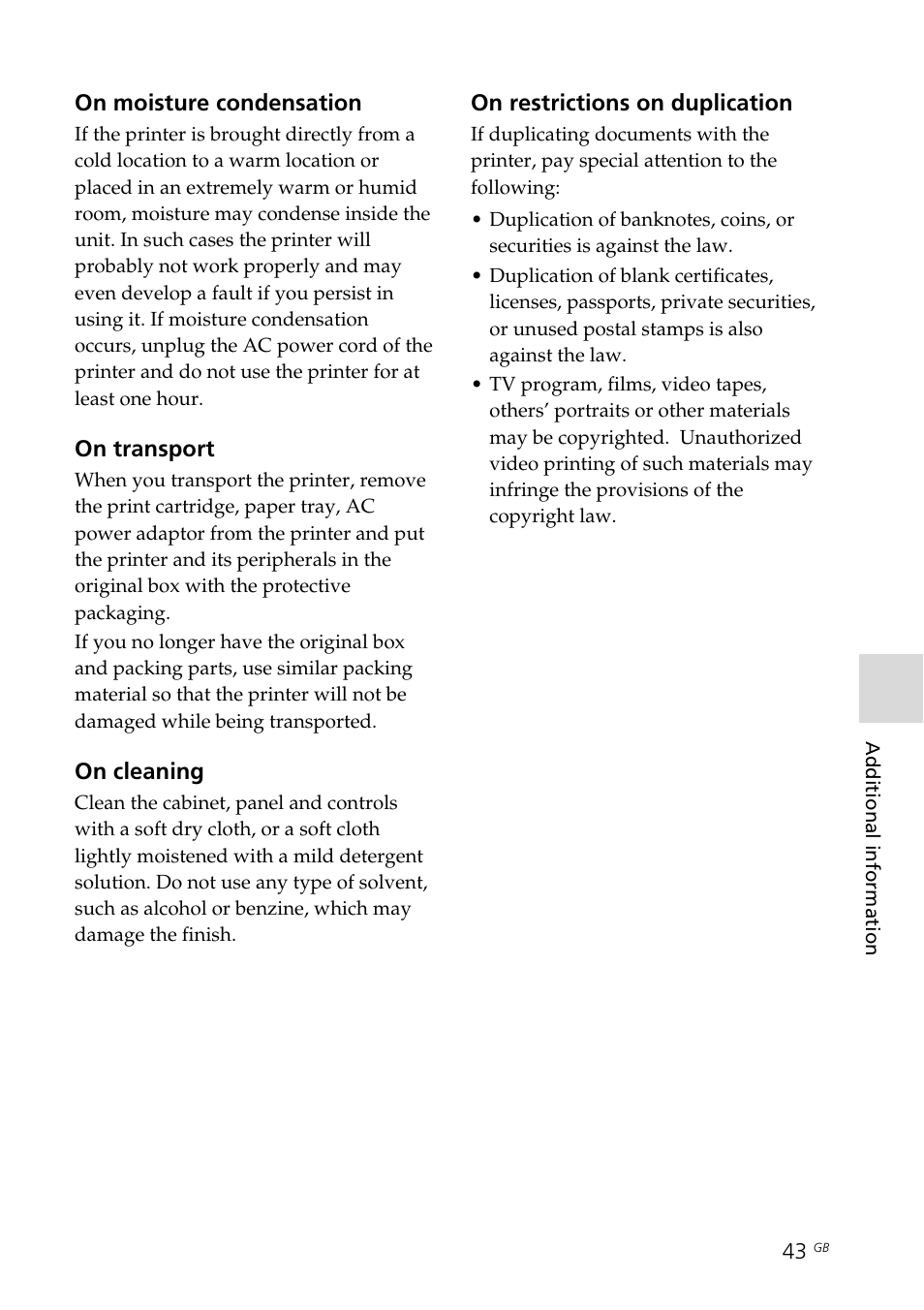 Outsides the printer, Moisture condensation, Restrictions on duplication | Transport | Sony DPP-FP30 User Manual | Page 43 / 50