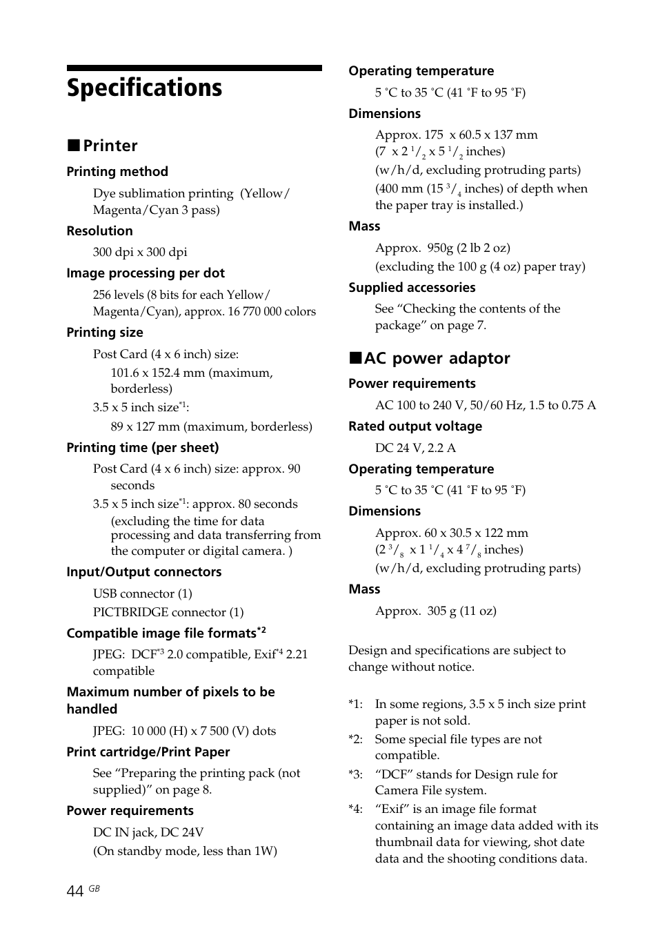 Specifications, Xprinter, Xac power adaptor | Sony DPP-FP30 User Manual | Page 44 / 50