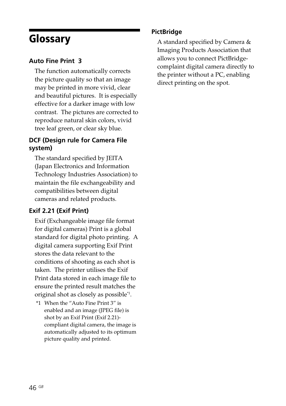 Glossary, Dcf (design rule for camera file system) | Sony DPP-FP30 User Manual | Page 46 / 50