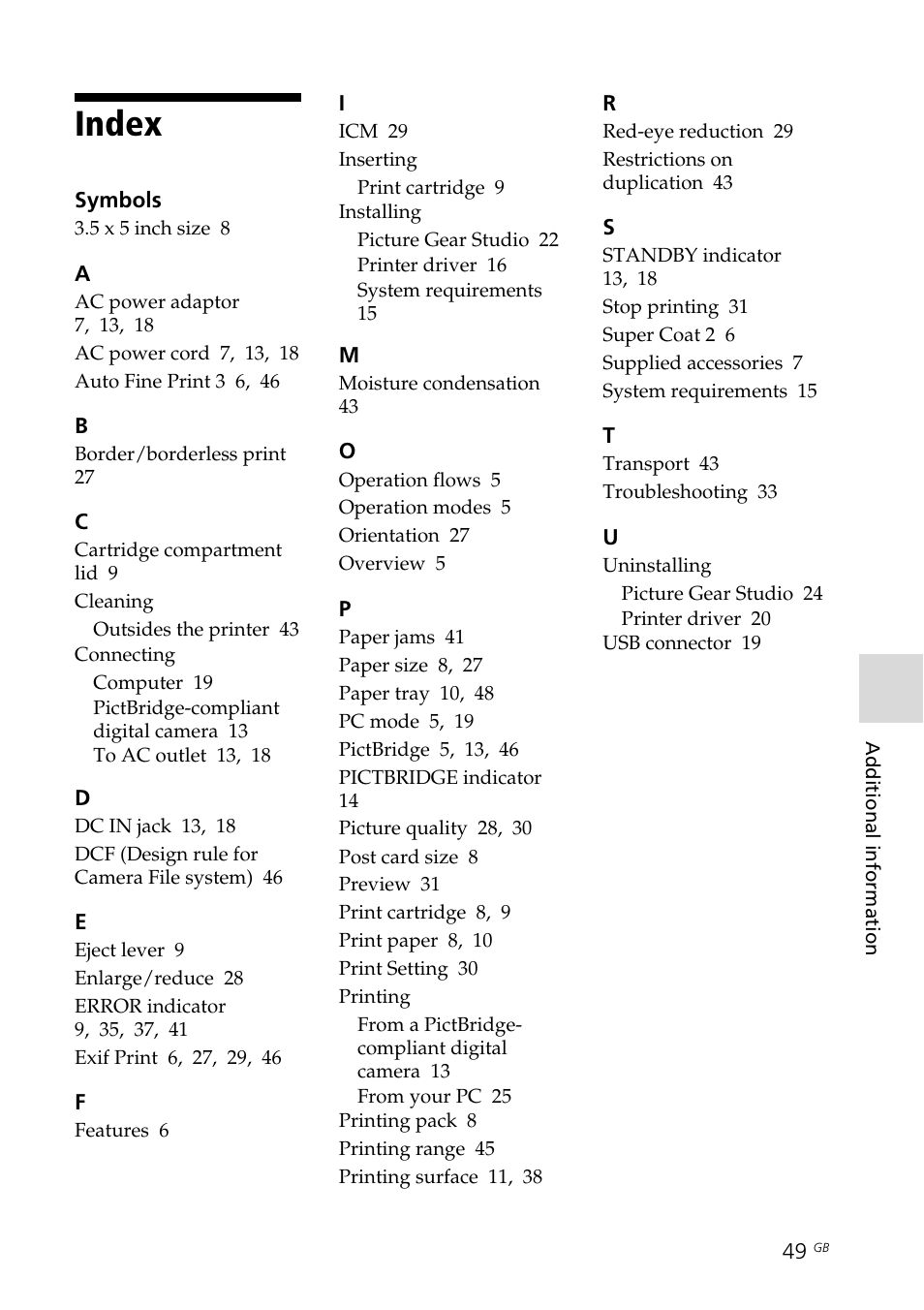 Index, Symbols, Cleaning | Connecting, Inserting, Installing, Printing, Uninstalling | Sony DPP-FP30 User Manual | Page 49 / 50