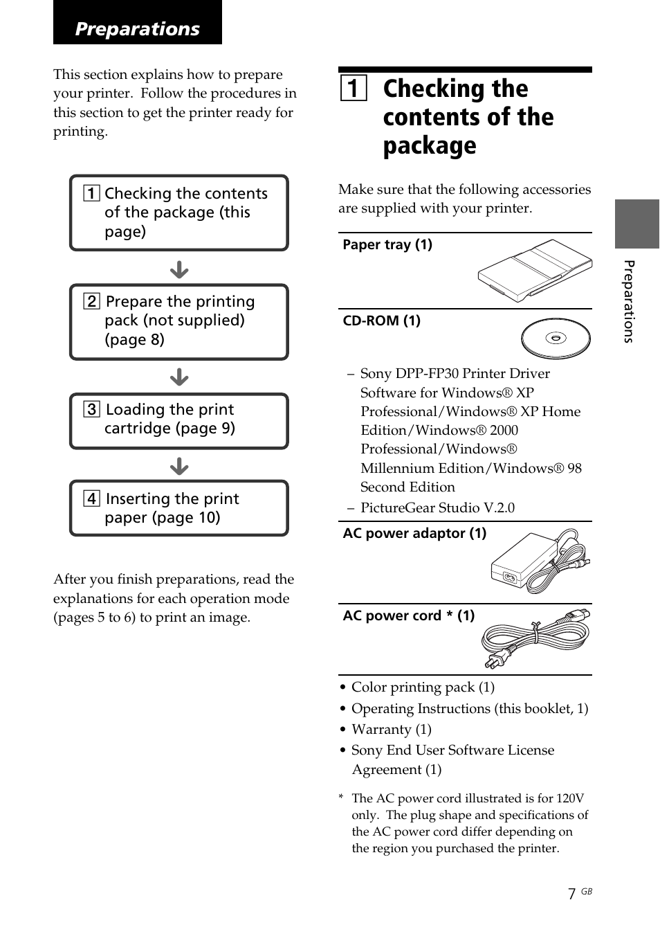 Preparations, 1 checking the contents of the package, Ac power adaptor | Ac power cord, Supplied accessories, Checking the contents of the package, Preparing the printing pack (not supplied), 1checking the contents of the package | Sony DPP-FP30 User Manual | Page 7 / 50