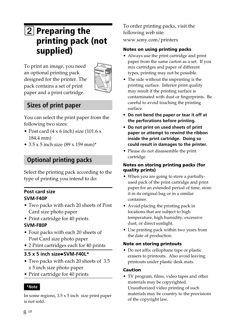 2 preparing the printing pack (not supplied), Sizes of print paper, Optional printing packs | 5 x 5 inch size, Paper size, Post card size, Print cartridge, Print paper, Printing pack, Sizes of print paper optional printing packs | Sony DPP-FP30 User Manual | Page 8 / 50