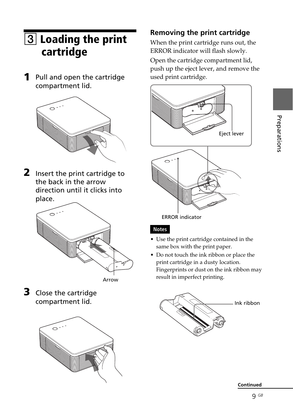 3 loading the print cartridge, Cartridge compartment lid, Eject lever | Error indicator, Print cartridge, 3loading the print cartridge | Sony DPP-FP30 User Manual | Page 9 / 50