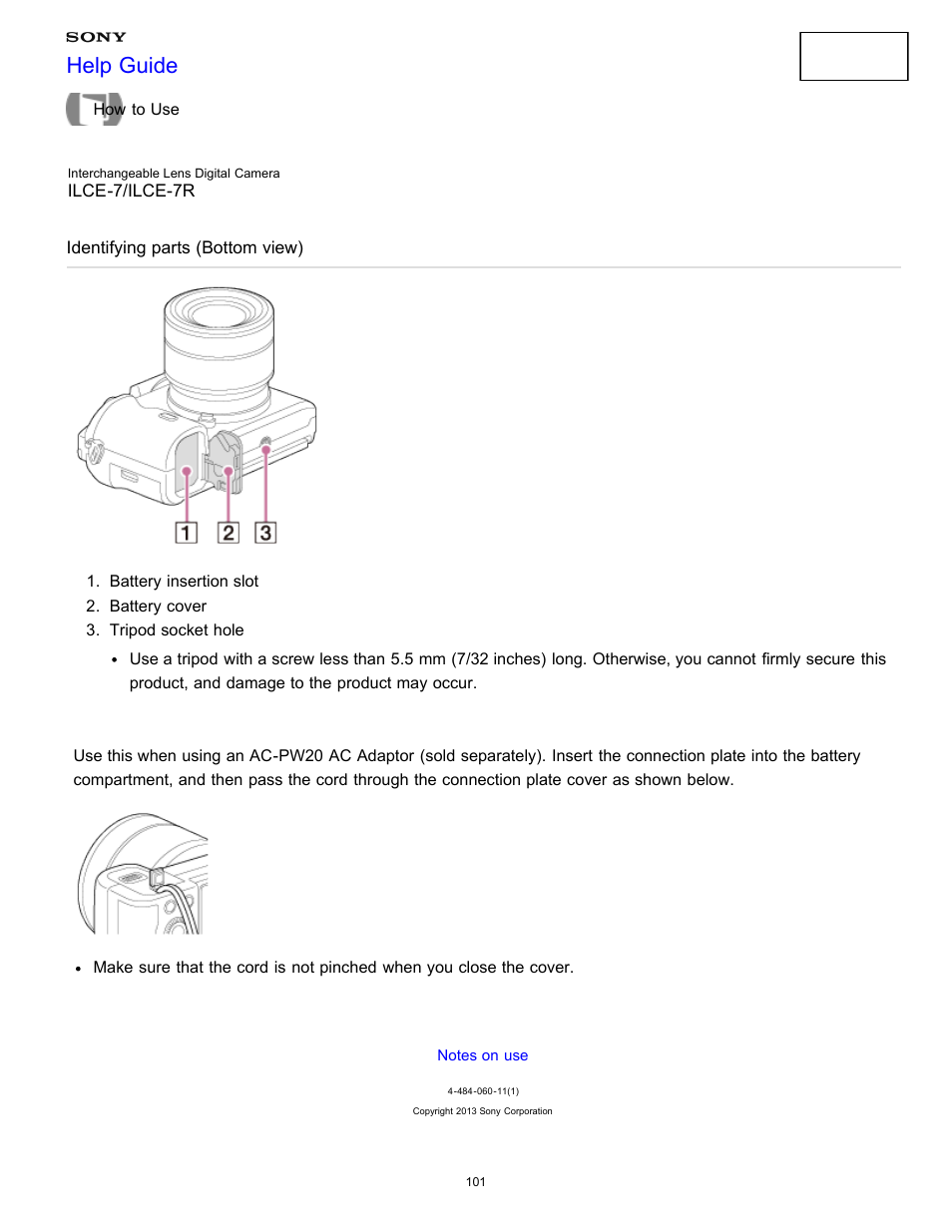 Identifying parts (bottom view), Help guide | Sony ILCE-7K User Manual | Page 110 / 455