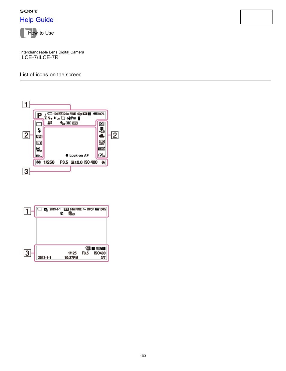 List of icons on the screen, Help guide | Sony ILCE-7K User Manual | Page 112 / 455