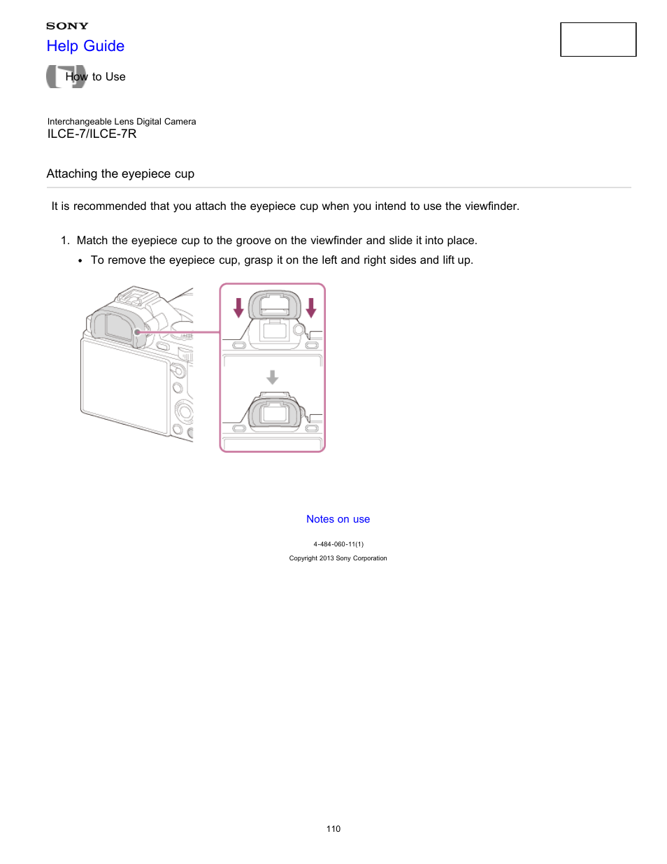 Attaching the eyepiece cup, Help guide | Sony ILCE-7K User Manual | Page 119 / 455