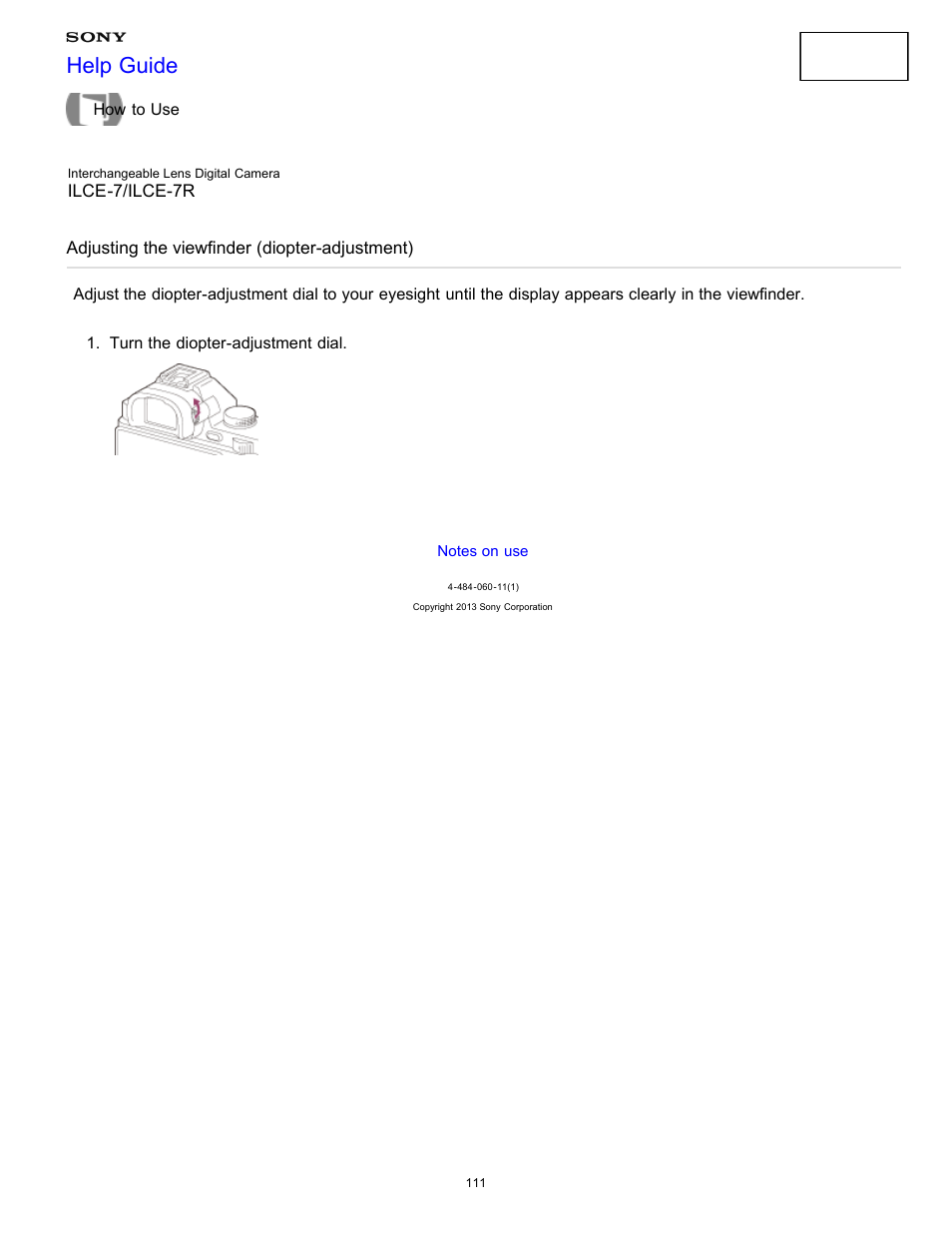 Adjusting the viewfinder (diopter-adjustment), Help guide | Sony ILCE-7K User Manual | Page 120 / 455