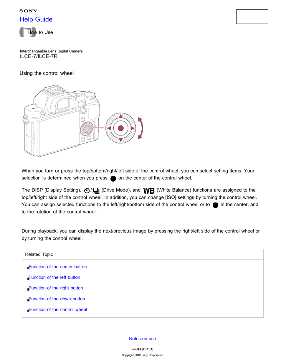 Using the control wheel, Help guide | Sony ILCE-7K User Manual | Page 122 / 455