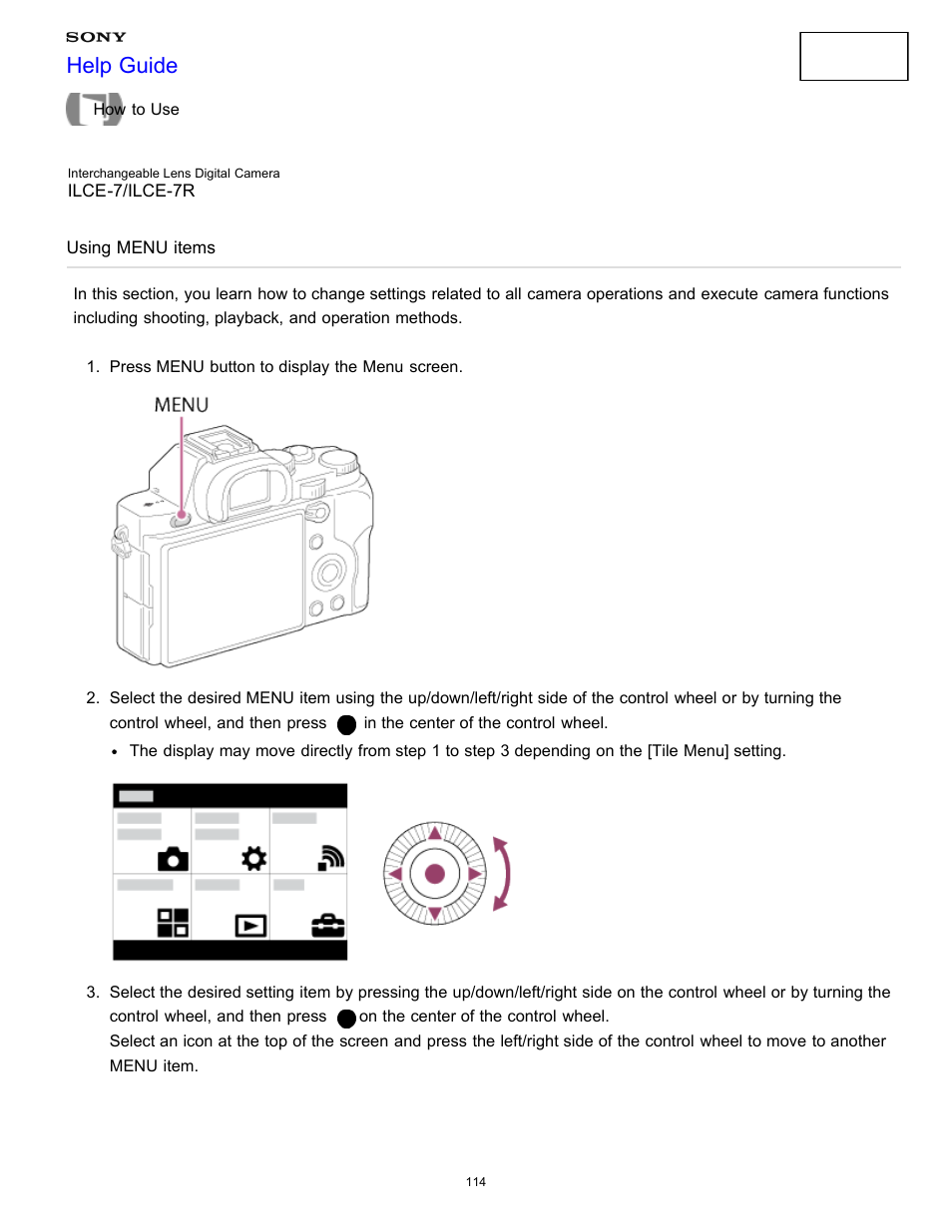 Using menu items, Help guide | Sony ILCE-7K User Manual | Page 123 / 455