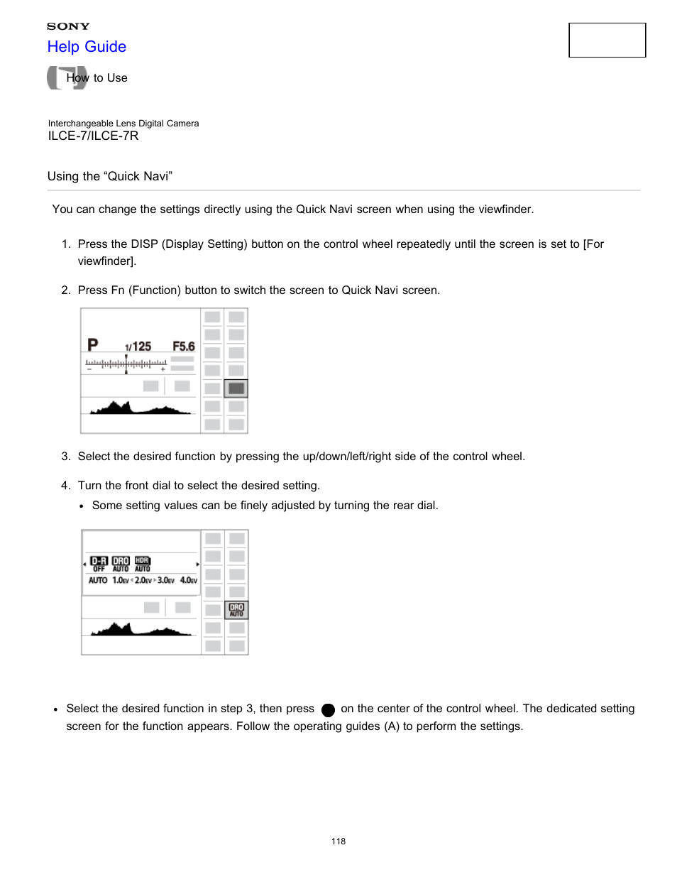 Using the “quick navi, Help guide | Sony ILCE-7K User Manual | Page 127 / 455