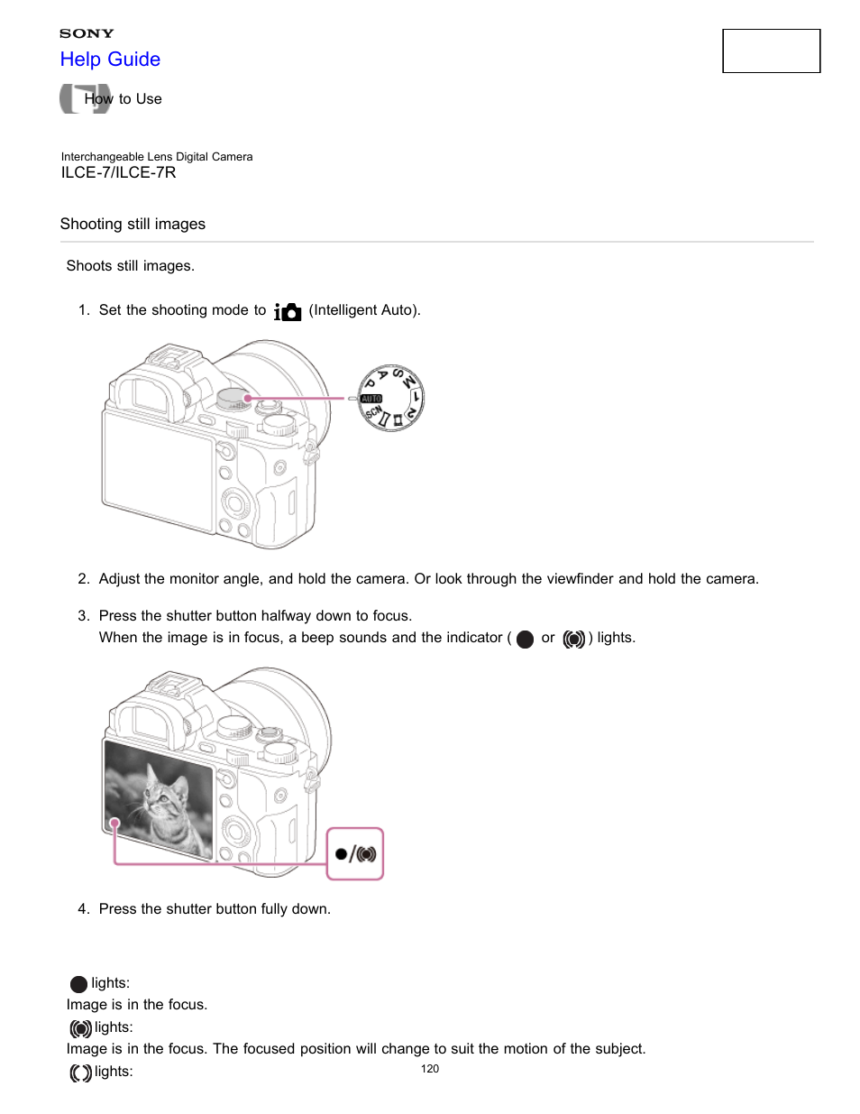 Shooting still images, Shoots still images, Help guide | Sony ILCE-7K User Manual | Page 129 / 455