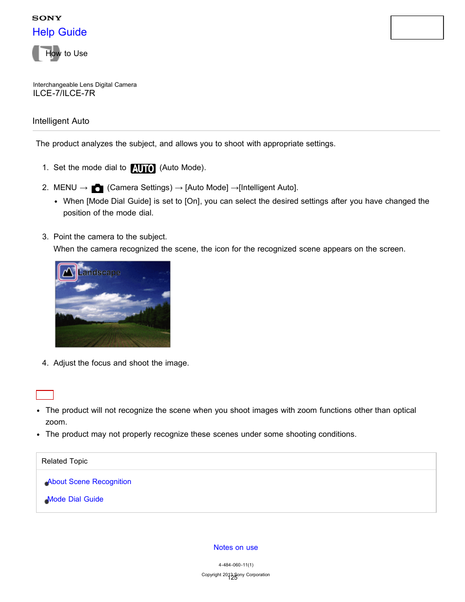 Intelligent auto, Help guide | Sony ILCE-7K User Manual | Page 134 / 455