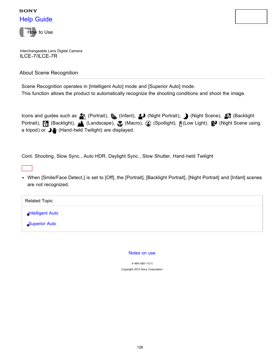 About scene recognition, Help guide | Sony ILCE-7K User Manual | Page 137 / 455