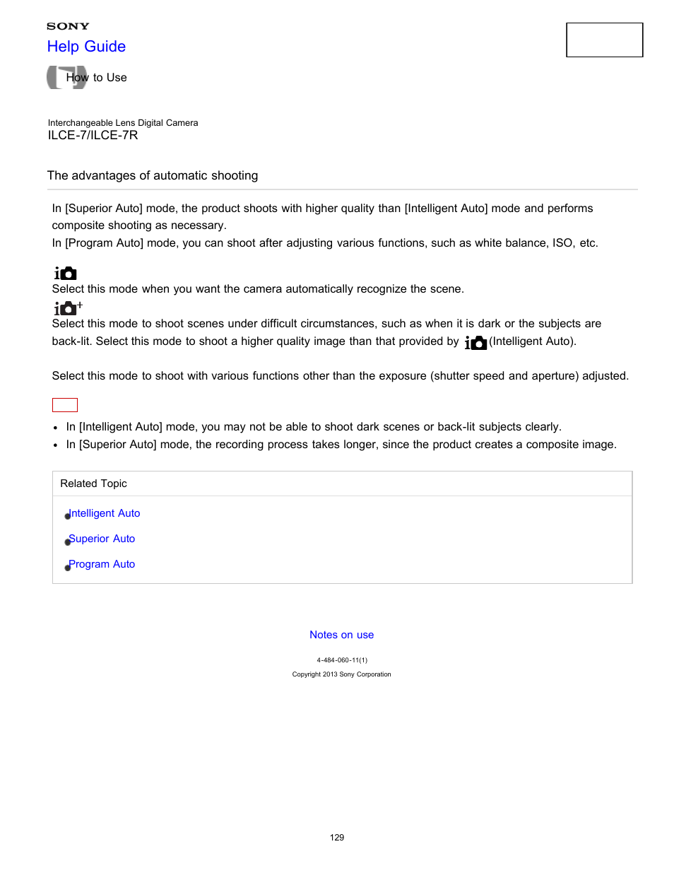 The advantages of automatic shooting, Help guide | Sony ILCE-7K User Manual | Page 138 / 455