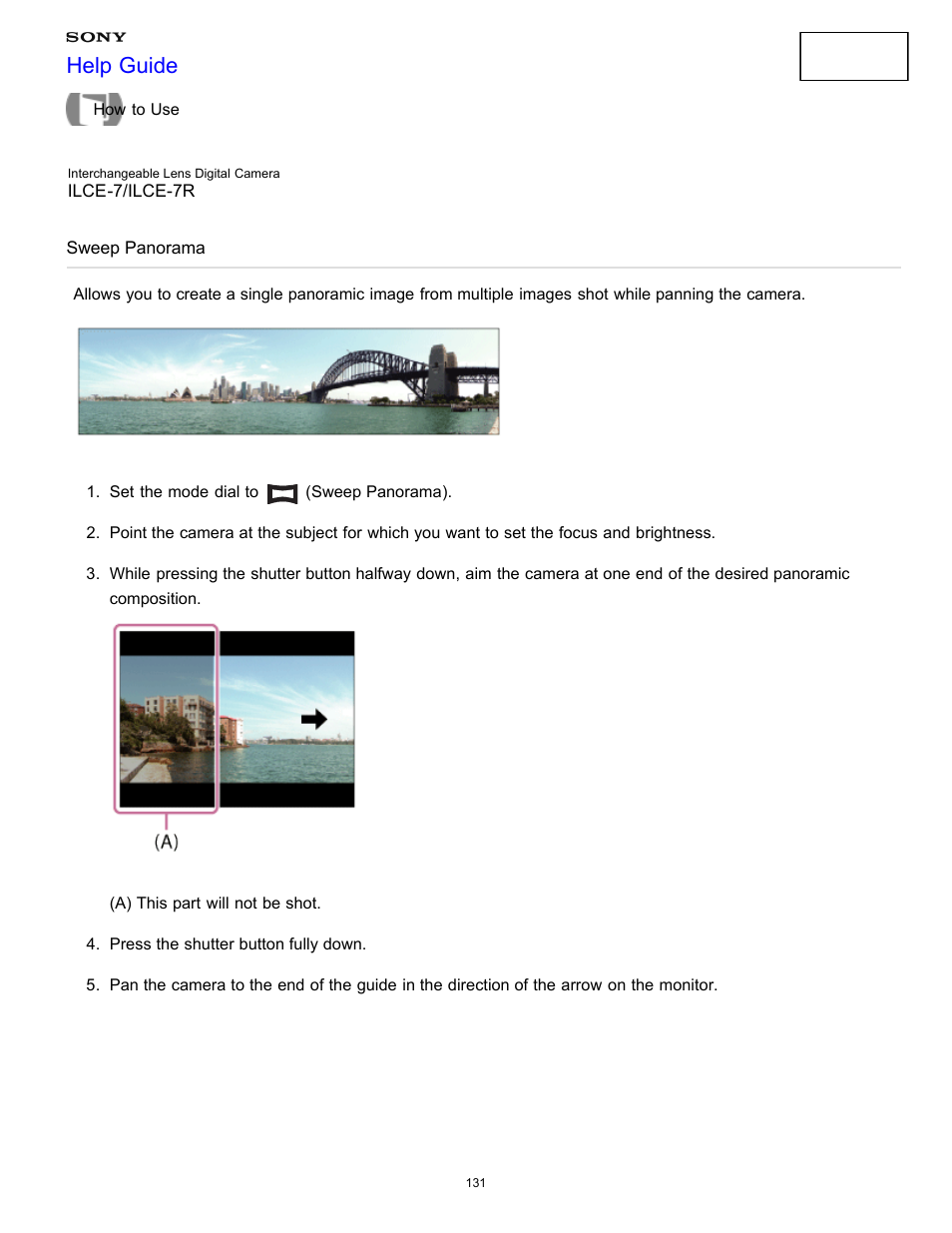 Sweep panorama, Help guide | Sony ILCE-7K User Manual | Page 140 / 455