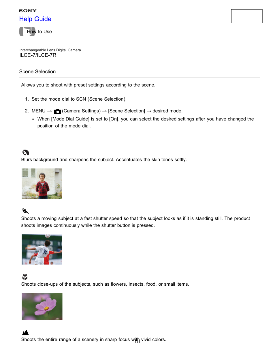 Scene selection, Help guide | Sony ILCE-7K User Manual | Page 142 / 455