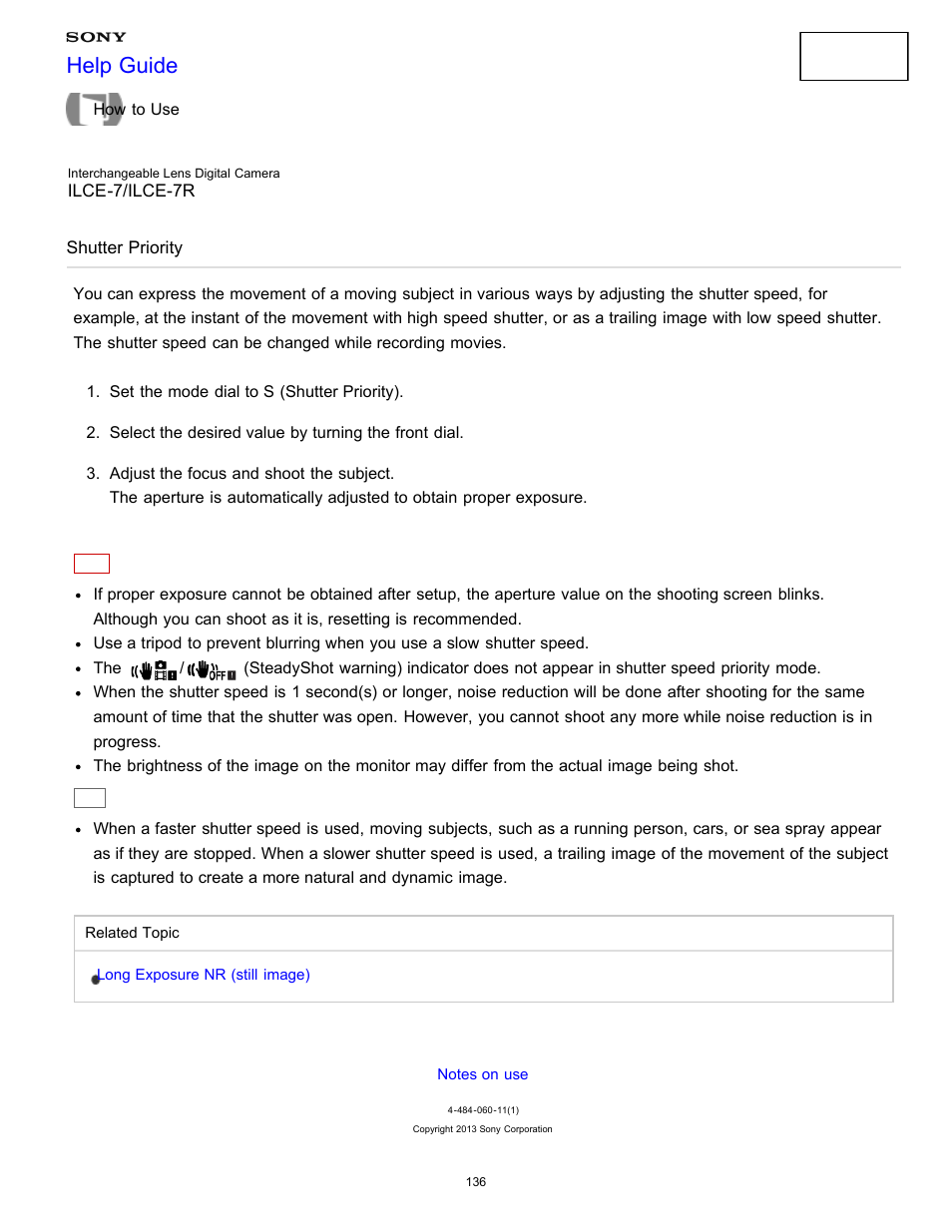 Shutter priority, Help guide | Sony ILCE-7K User Manual | Page 145 / 455