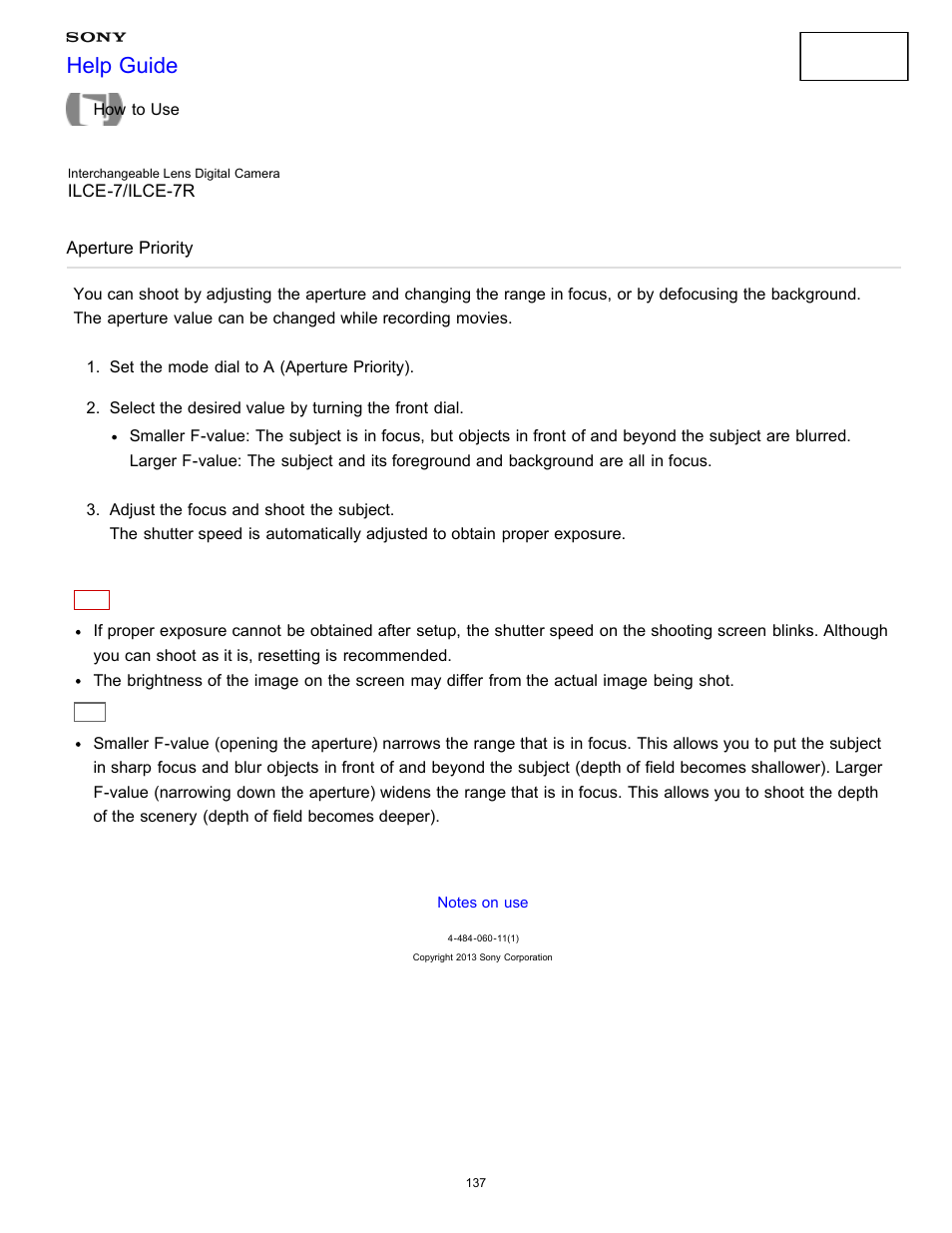 Aperture priority, Help guide | Sony ILCE-7K User Manual | Page 146 / 455