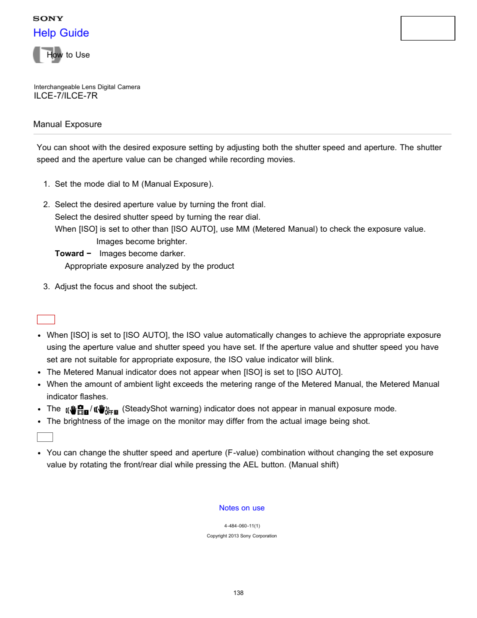 Manual exposure, Help guide | Sony ILCE-7K User Manual | Page 147 / 455