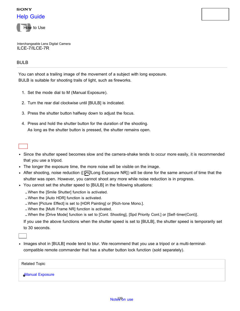 Bulb, Help guide | Sony ILCE-7K User Manual | Page 148 / 455