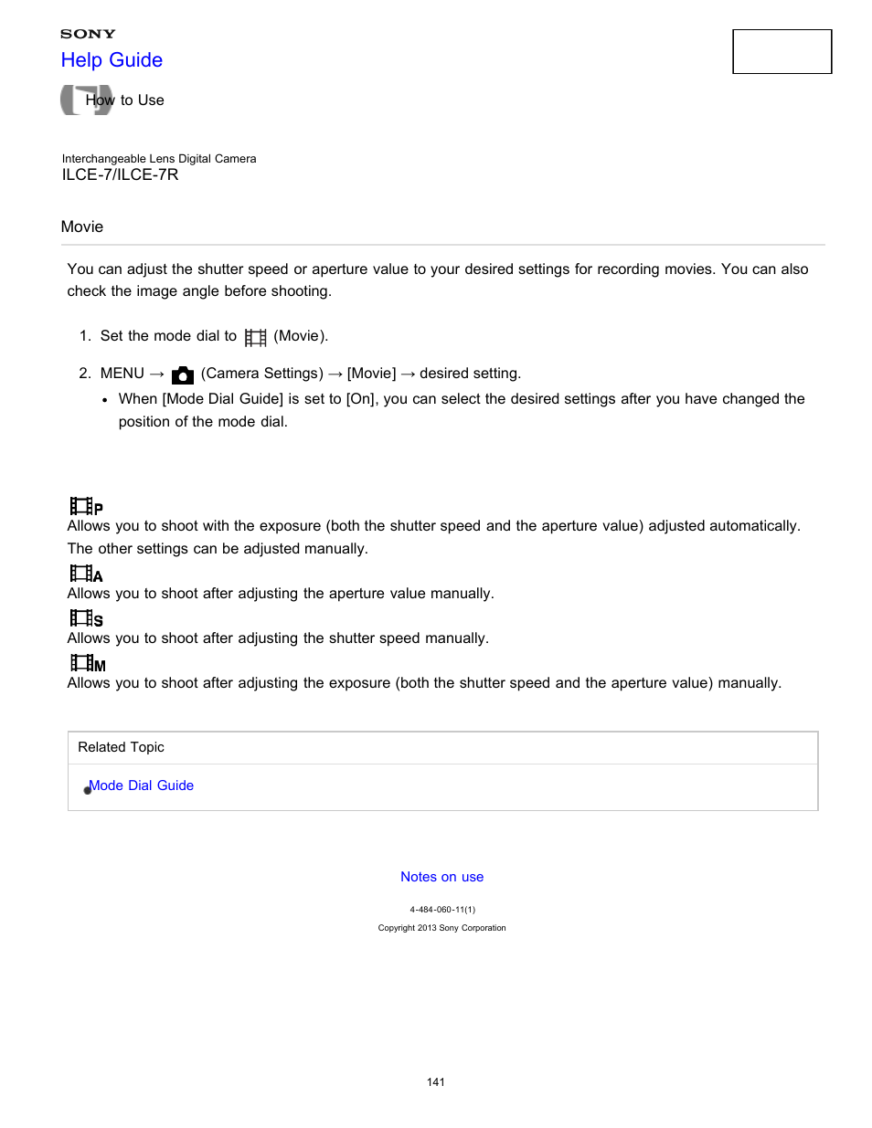 Movie, Help guide | Sony ILCE-7K User Manual | Page 150 / 455
