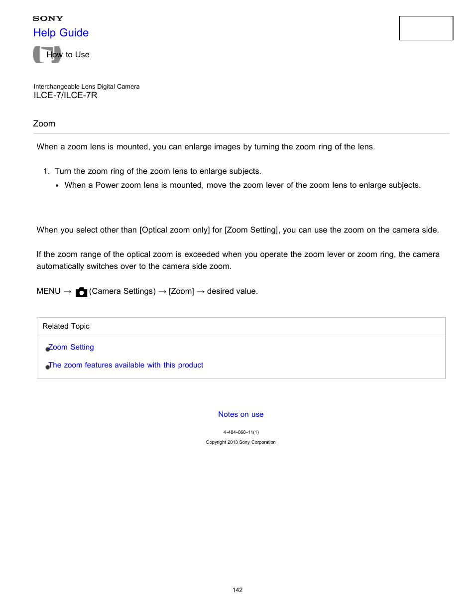 Zoom, Help guide | Sony ILCE-7K User Manual | Page 151 / 455