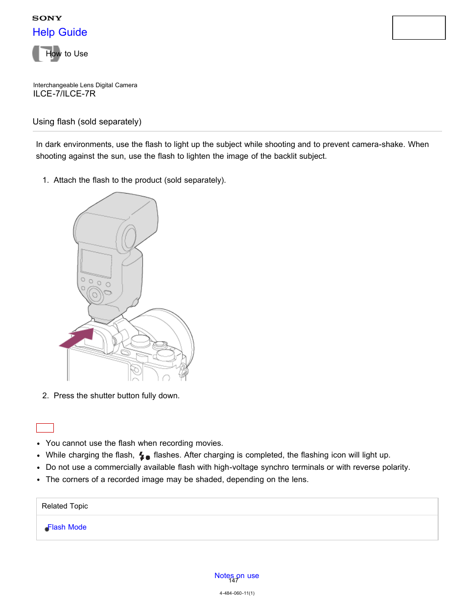 Using flash (sold separately), Help guide | Sony ILCE-7K User Manual | Page 156 / 455