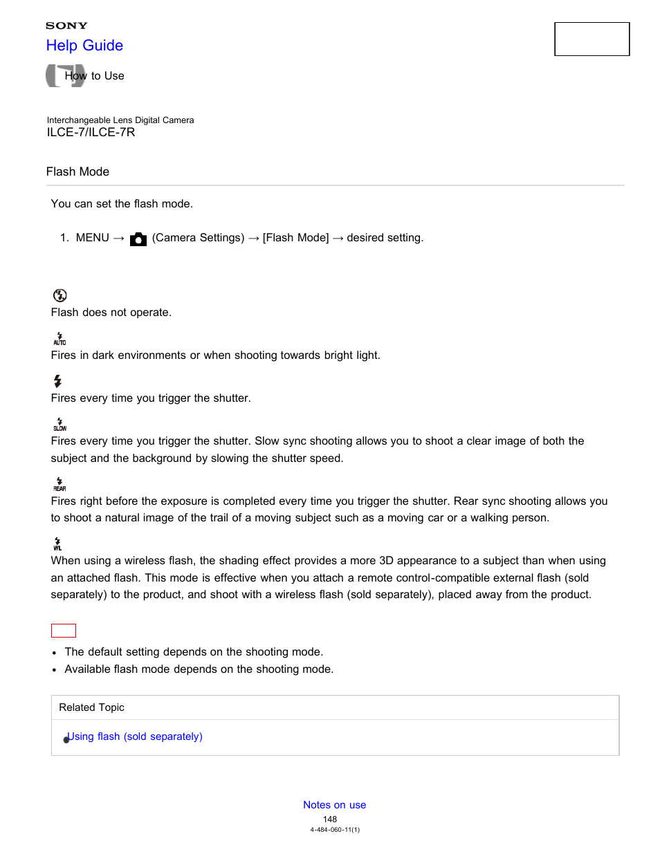 Flash mode, You can set the flash mode, Help guide | Sony ILCE-7K User Manual | Page 157 / 455