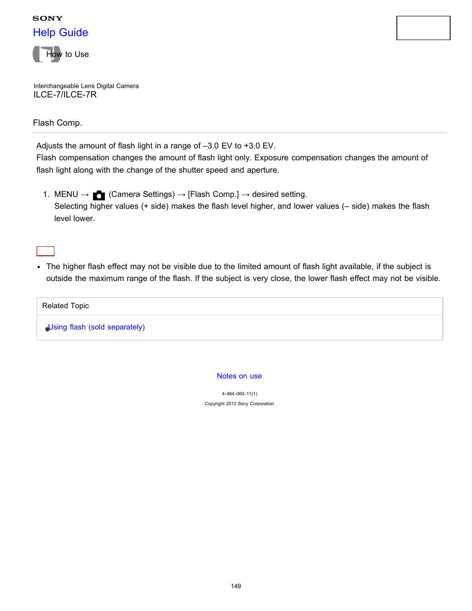 Flash comp, Help guide | Sony ILCE-7K User Manual | Page 158 / 455