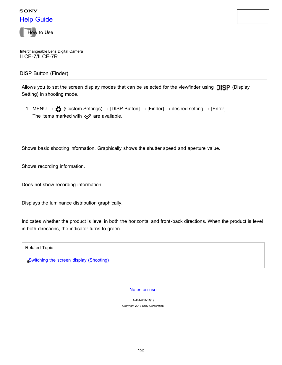 Disp button (finder), Help guide | Sony ILCE-7K User Manual | Page 161 / 455