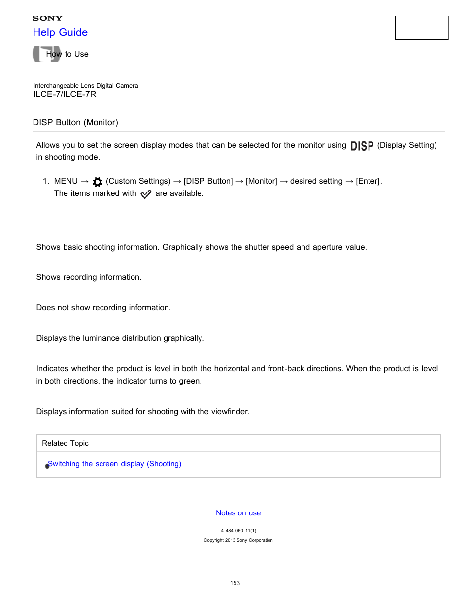 Disp button (monitor), Help guide | Sony ILCE-7K User Manual | Page 162 / 455