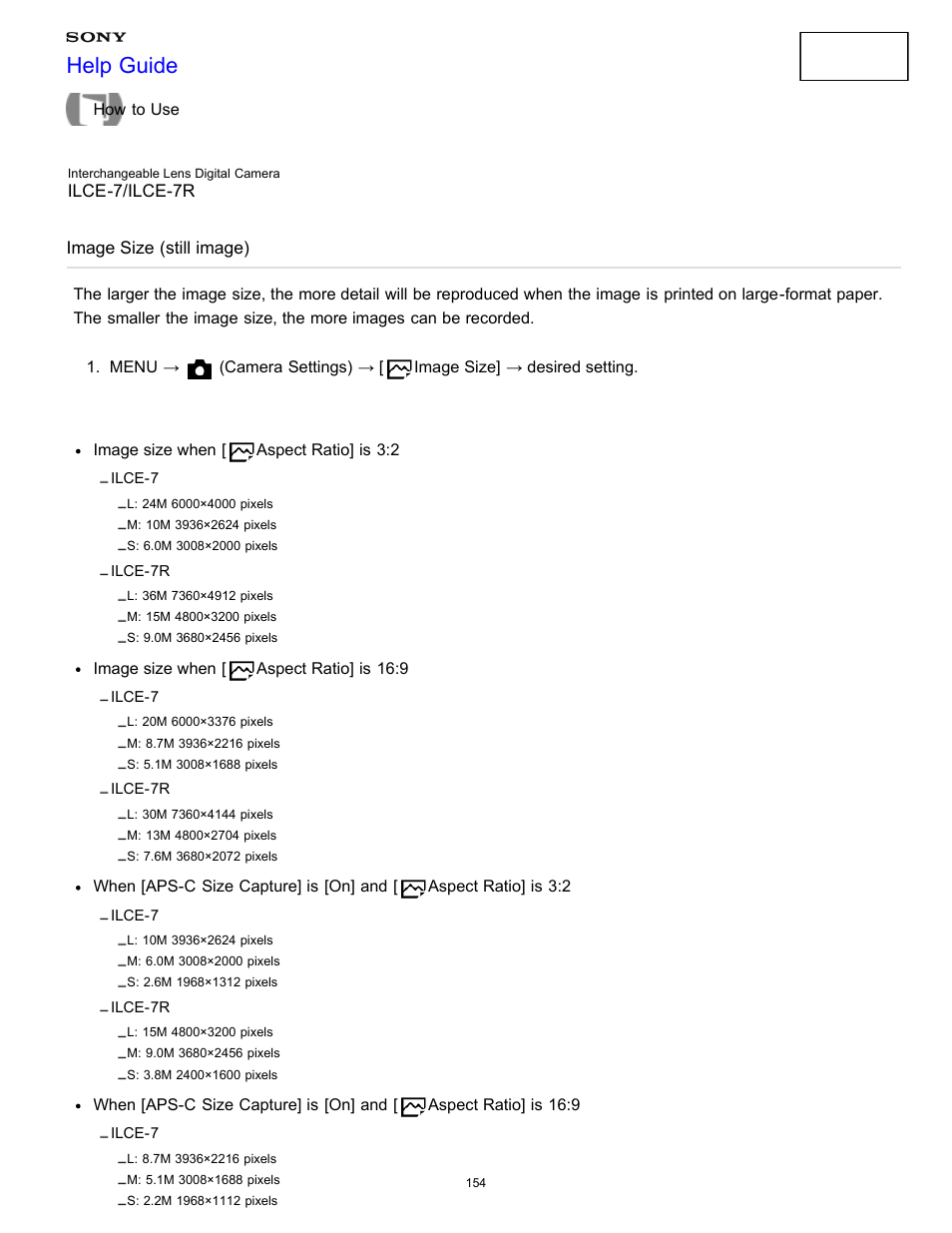 Image size (still image), Help guide | Sony ILCE-7K User Manual | Page 163 / 455