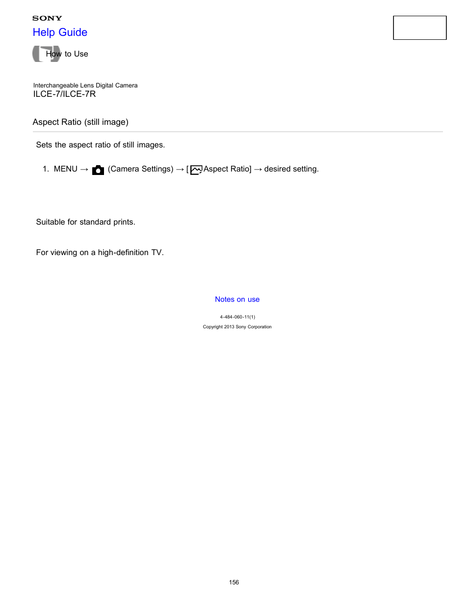 Aspect ratio (still image), Sets the aspect ratio of still images, Help guide | Sony ILCE-7K User Manual | Page 165 / 455