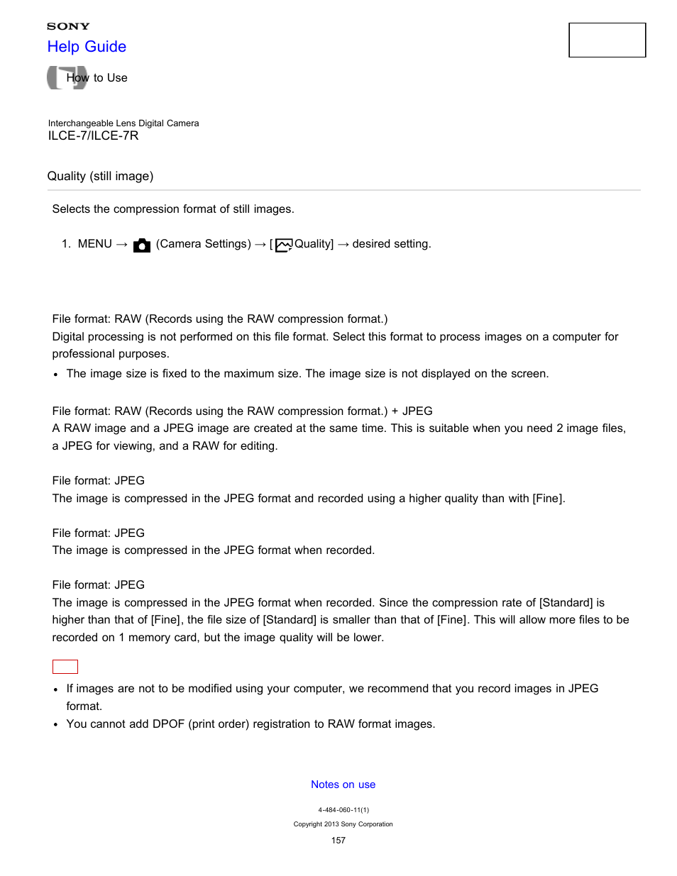 Quality (still image), Selects the compression format of still images, Help guide | Sony ILCE-7K User Manual | Page 166 / 455