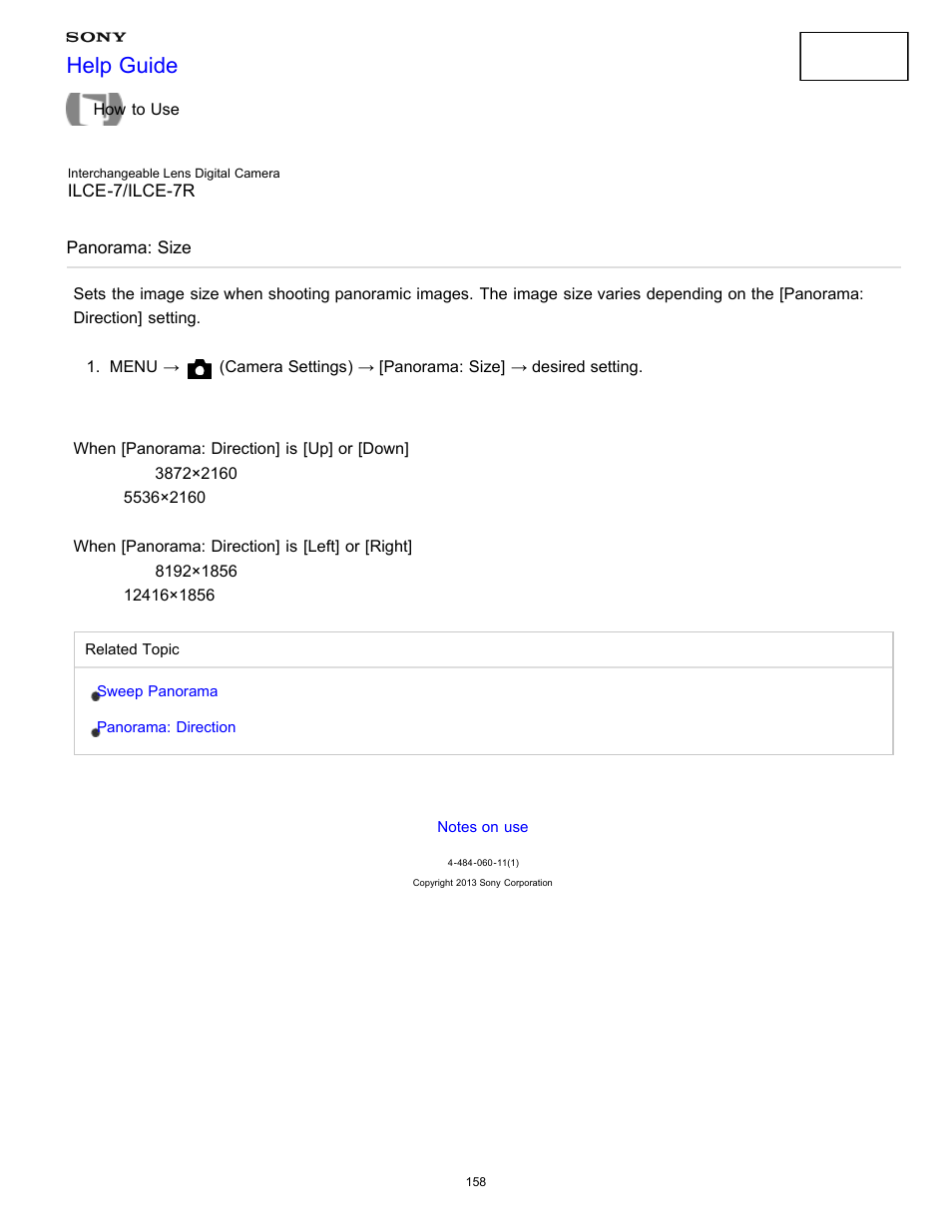 Panorama: size, Sets the image size when shooting panoramic images, Help guide | Sony ILCE-7K User Manual | Page 167 / 455