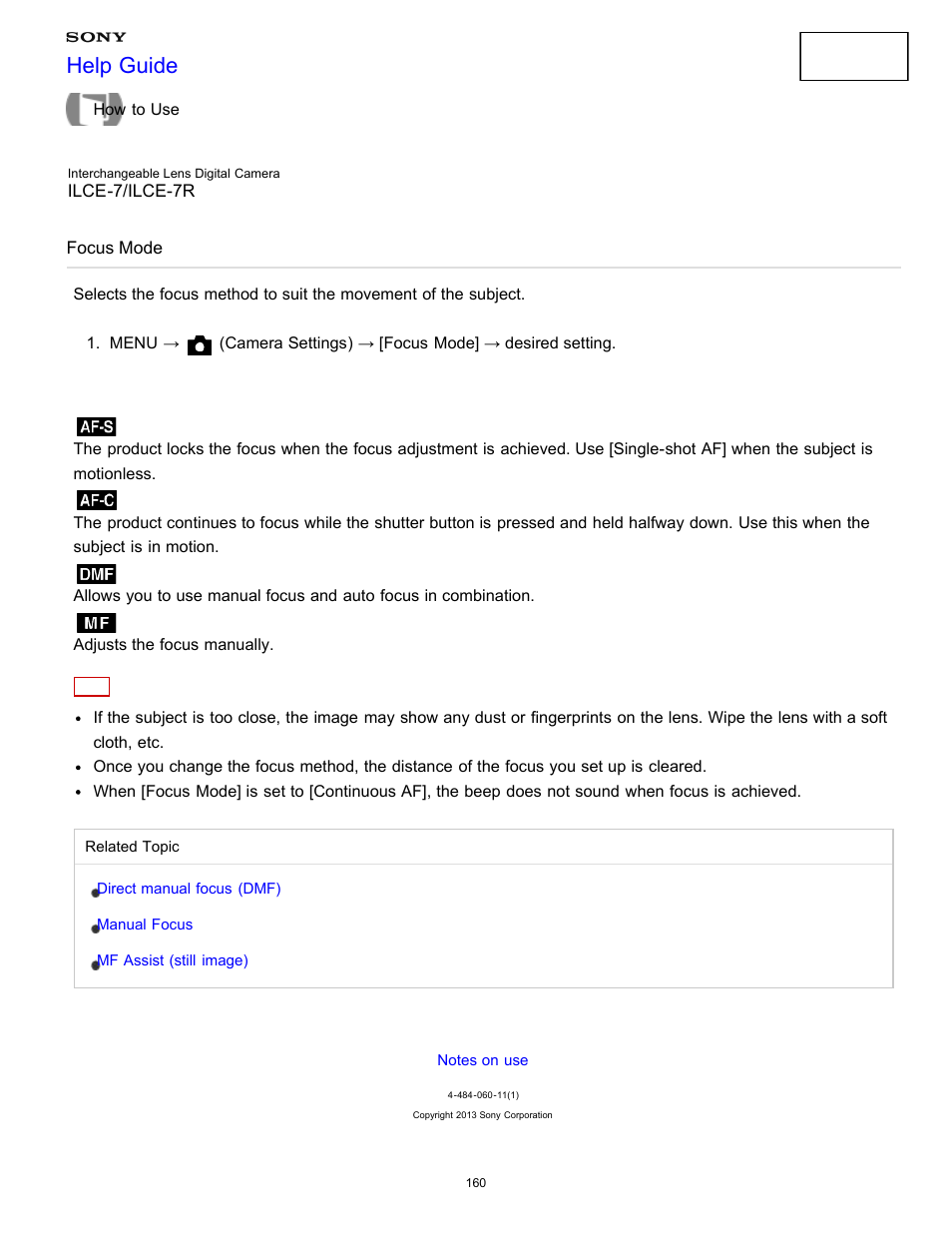 Focus mode, Help guide | Sony ILCE-7K User Manual | Page 169 / 455