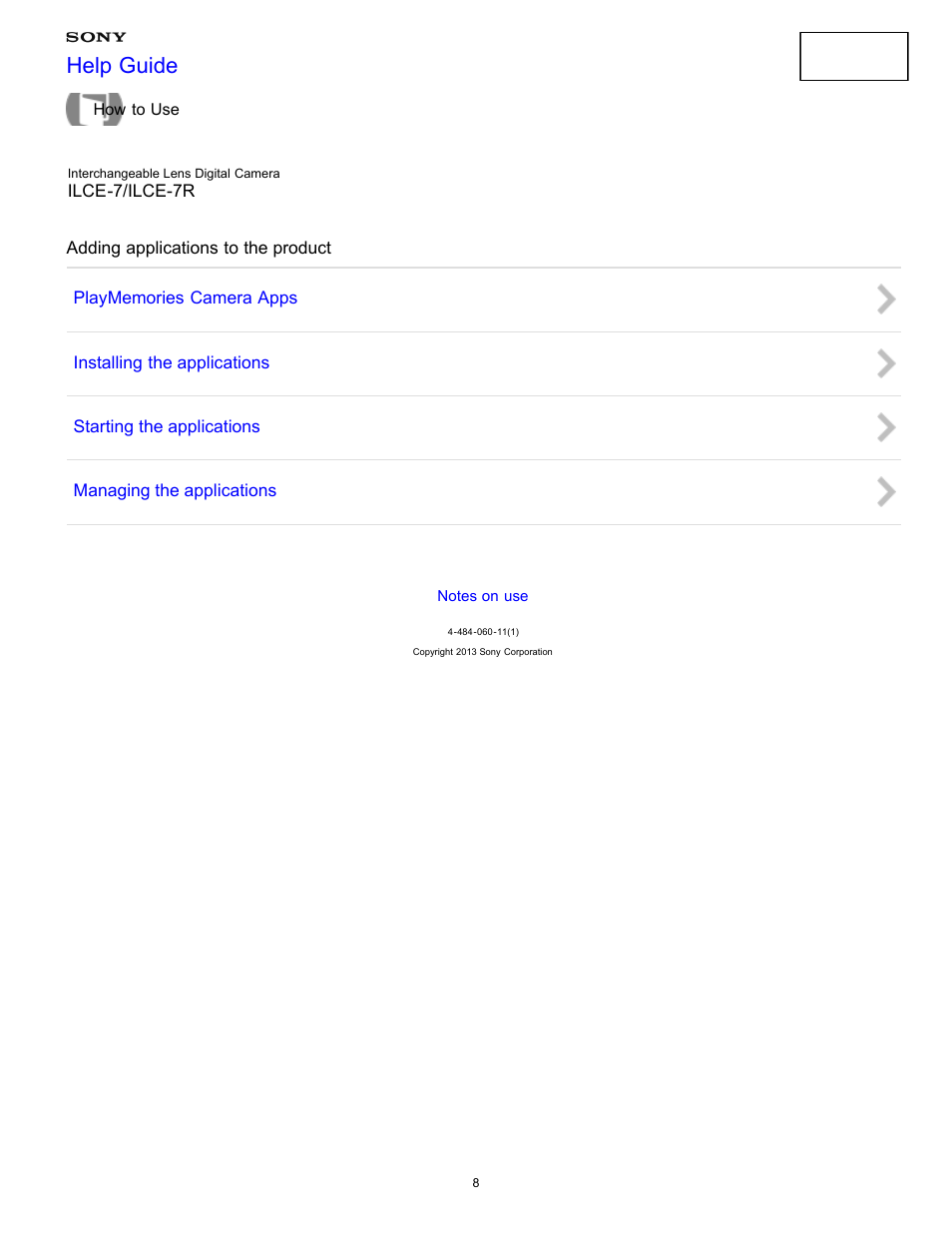 Adding applications to the product, Help guide | Sony ILCE-7K User Manual | Page 17 / 455