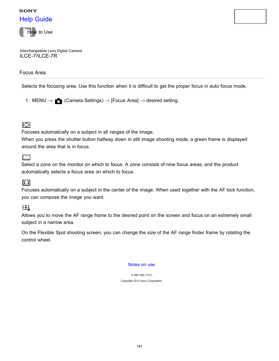 Focus area, Help guide | Sony ILCE-7K User Manual | Page 170 / 455