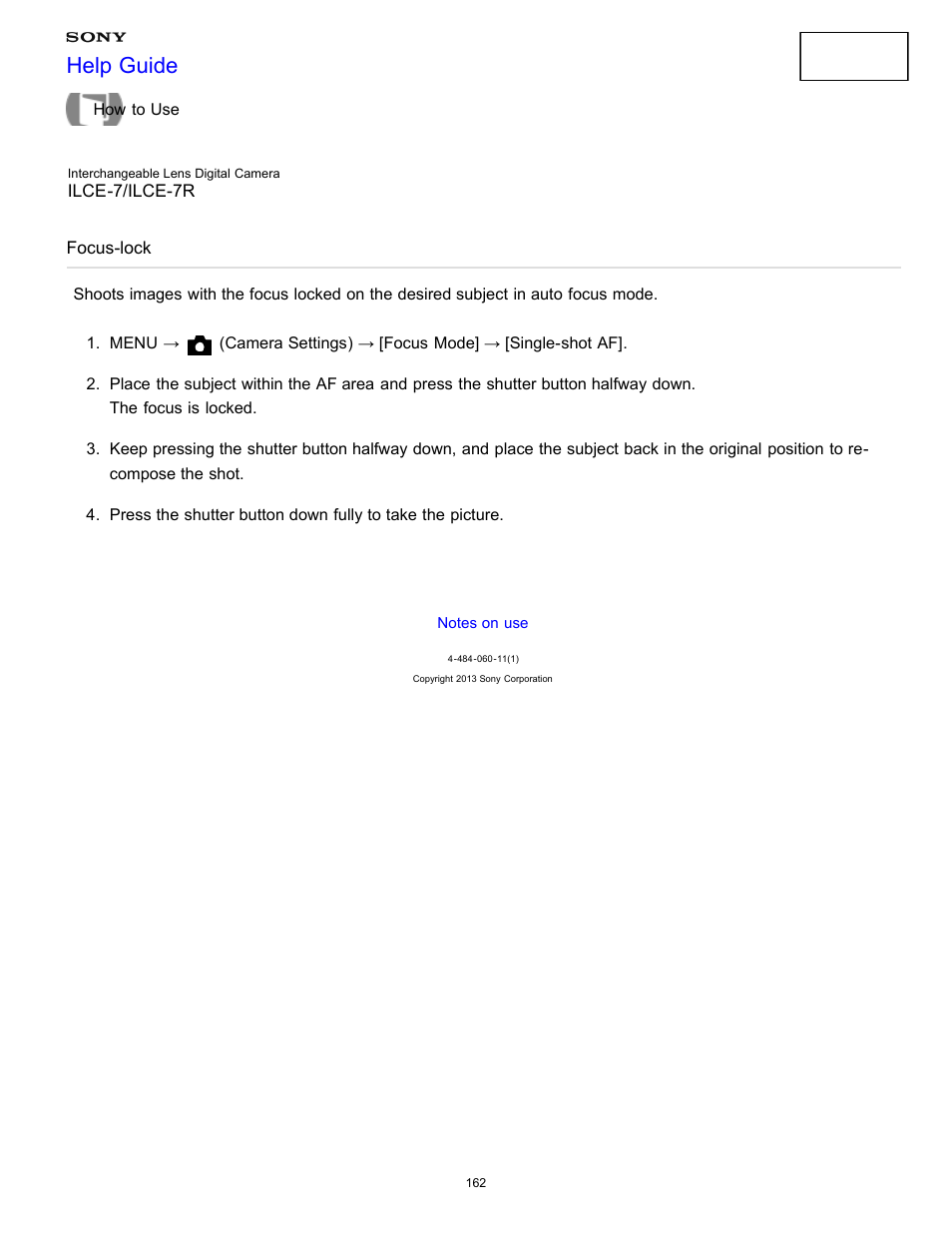 Focus-lock, Help guide | Sony ILCE-7K User Manual | Page 171 / 455