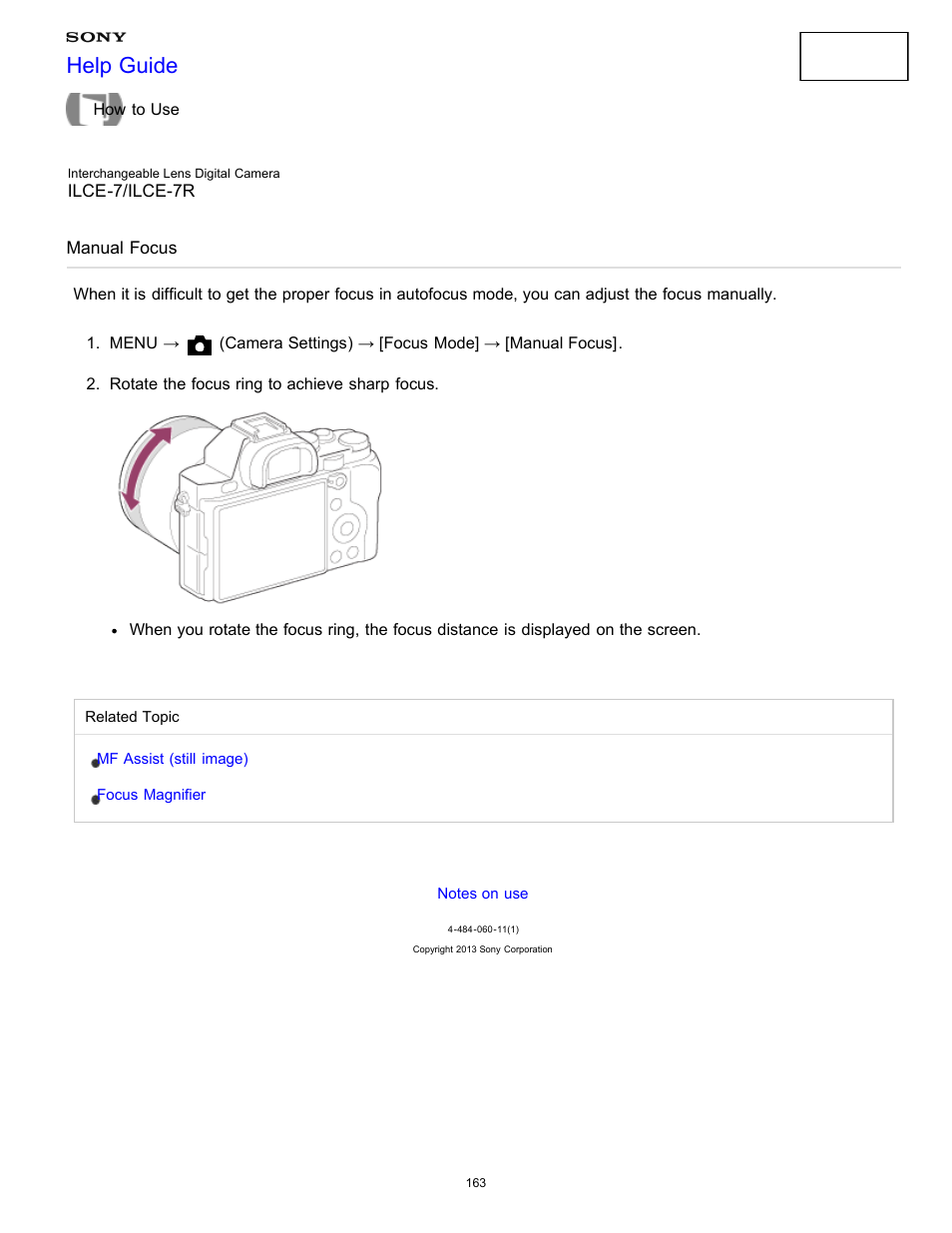 Manual focus, Help guide | Sony ILCE-7K User Manual | Page 172 / 455