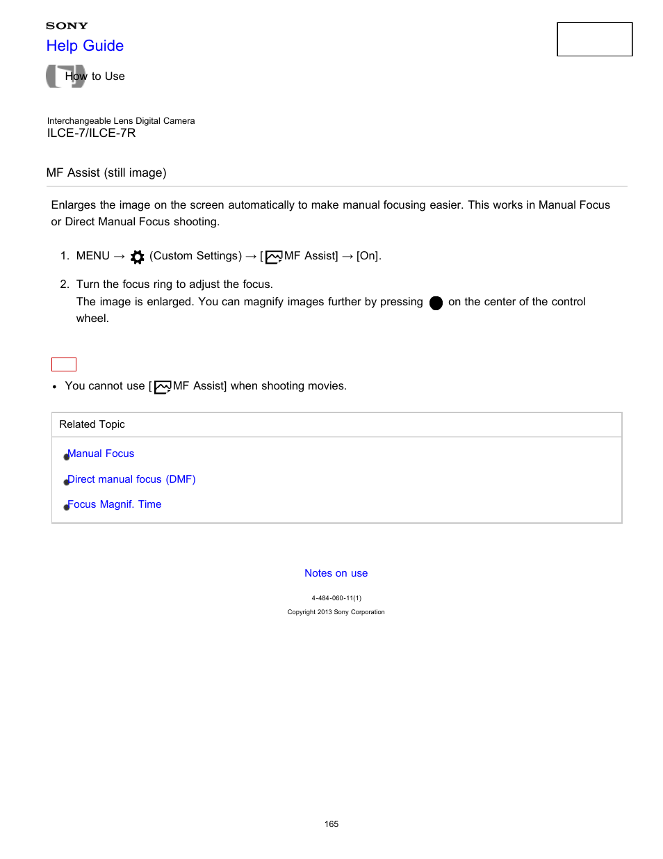 Mf assist (still image), Help guide | Sony ILCE-7K User Manual | Page 174 / 455