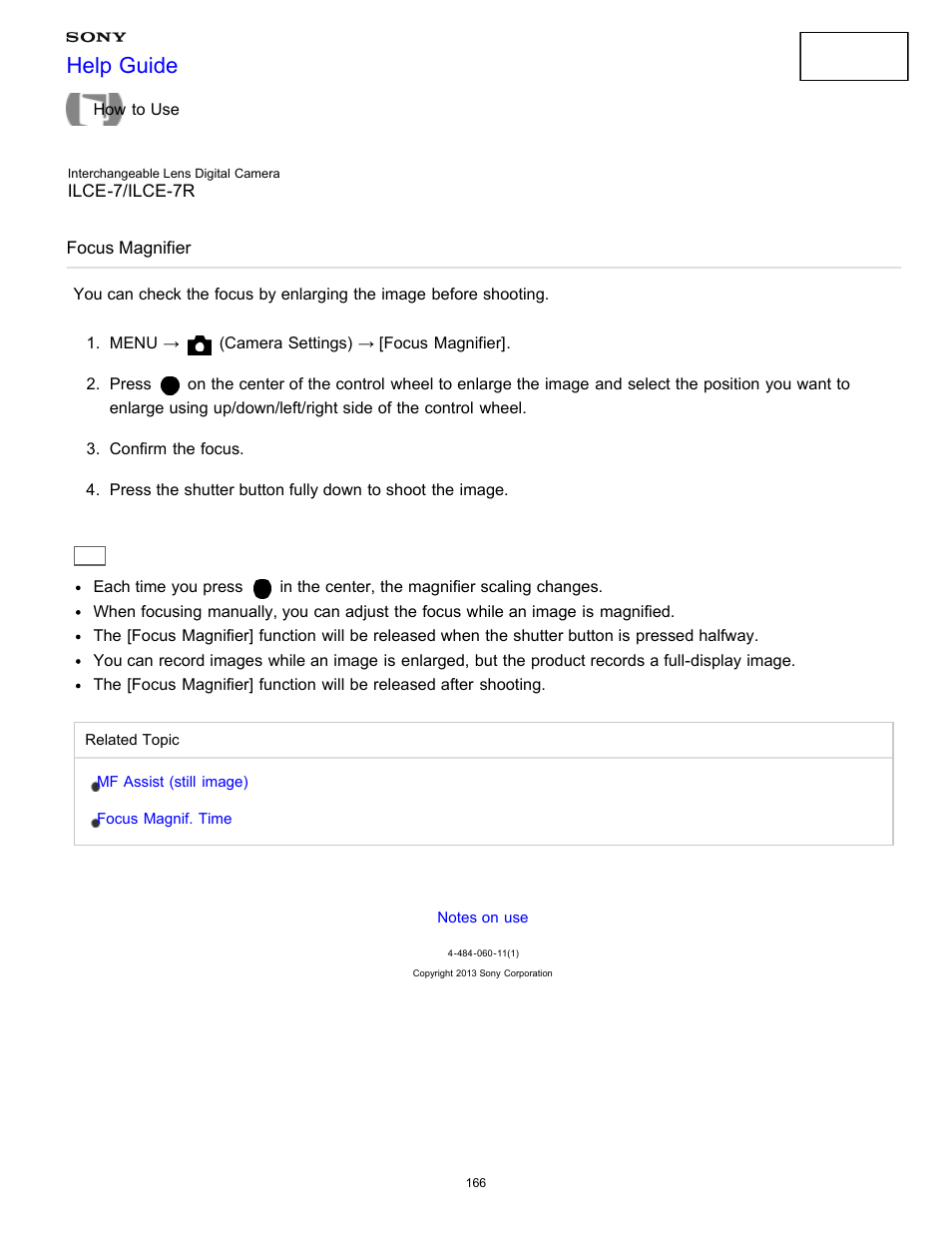 Focus magnifier, Help guide | Sony ILCE-7K User Manual | Page 175 / 455