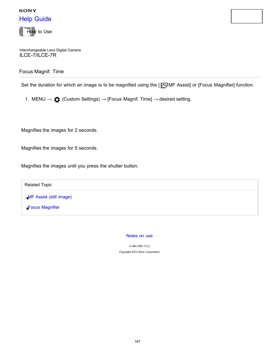 Focus magnif. time, Help guide | Sony ILCE-7K User Manual | Page 176 / 455