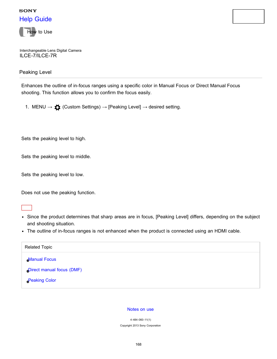 Peaking level, Help guide | Sony ILCE-7K User Manual | Page 177 / 455