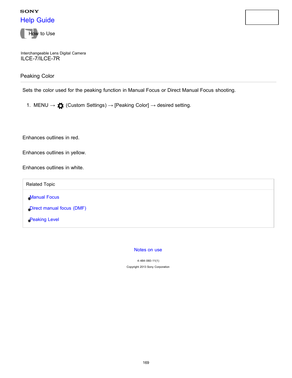 Peaking color, Help guide | Sony ILCE-7K User Manual | Page 178 / 455