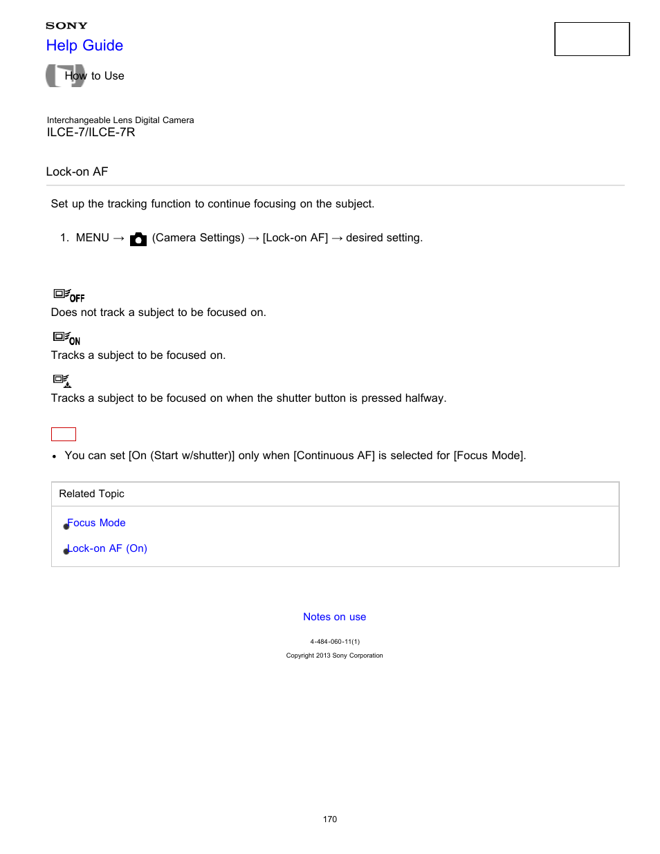 Lock-on af, Help guide | Sony ILCE-7K User Manual | Page 179 / 455