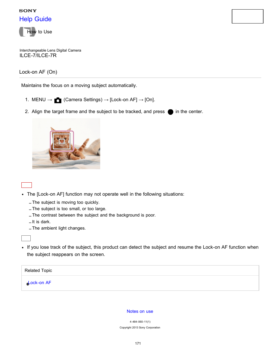 Lock-on af (on), Help guide | Sony ILCE-7K User Manual | Page 180 / 455