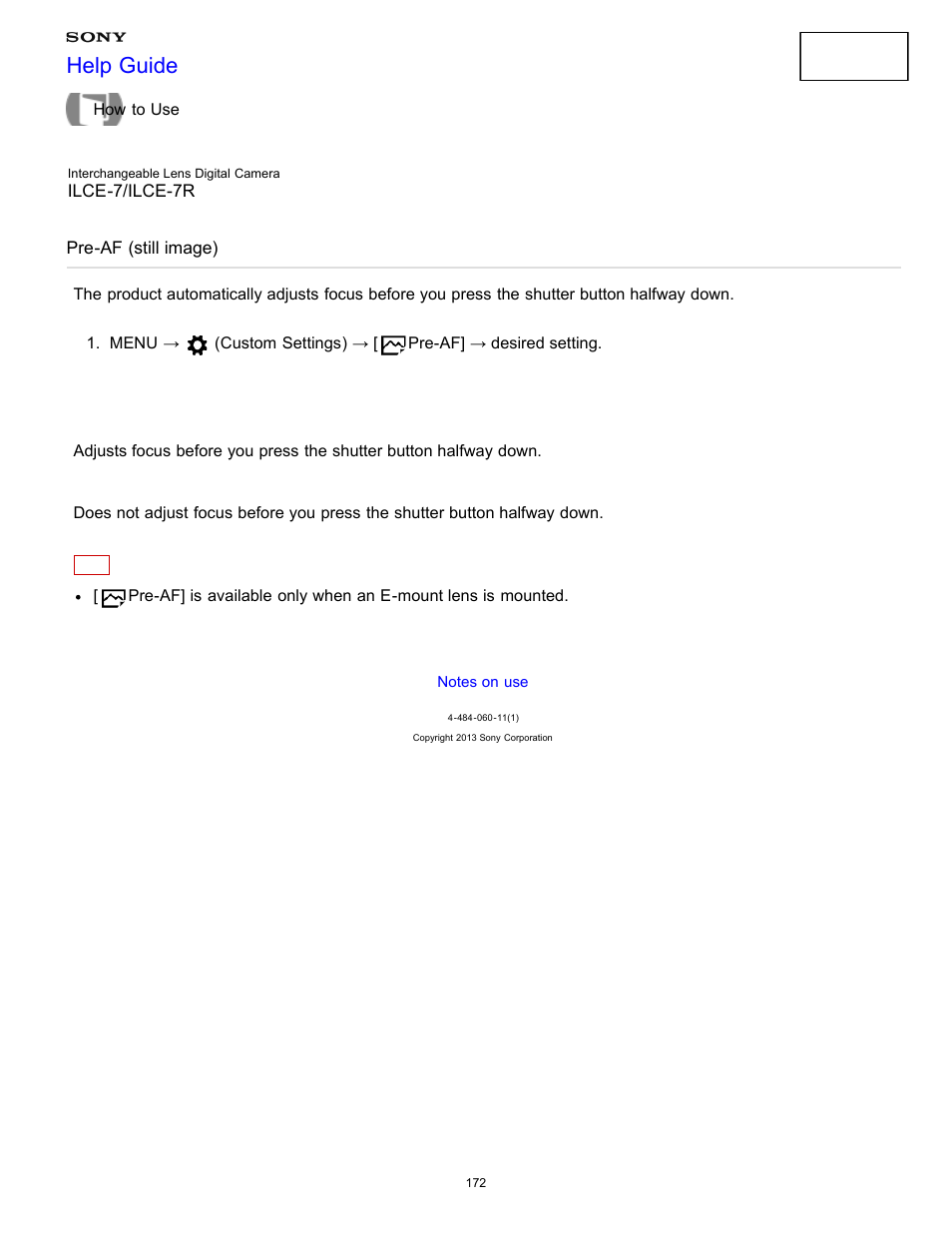 Pre-af (still image), Help guide | Sony ILCE-7K User Manual | Page 181 / 455