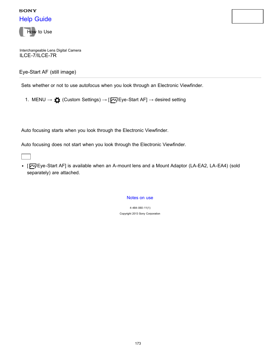 Eye-start af (still image), Help guide | Sony ILCE-7K User Manual | Page 182 / 455