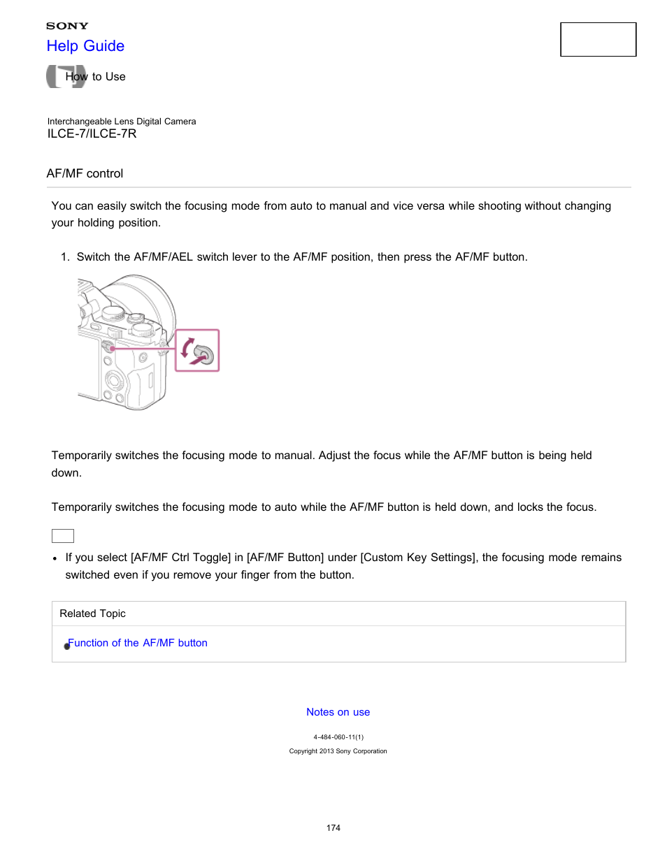 Af/mf control, Help guide | Sony ILCE-7K User Manual | Page 183 / 455